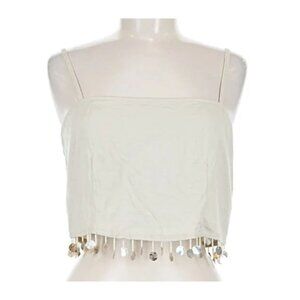 Jason Wu Crop Top Beaded Fringe Shell Linen Blend Lined Beige Tan Size 10 NWT